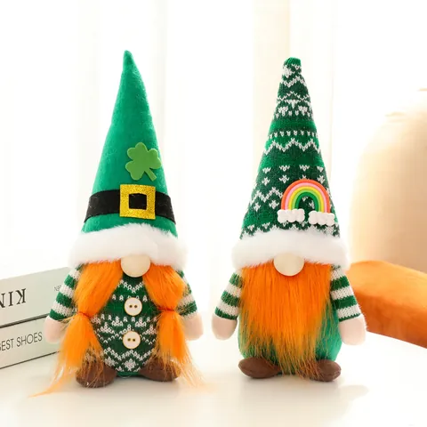 St Patrick Day Gnome Plush Leprechaun Handmade Irish Green Figurine With Shamrock Rainbow Ornament For Home Table Decor Gift
