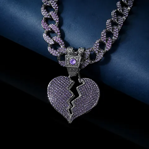 Collana con Pendente a Cuore Spezzato Viola Hip Hop in Lega con Strass Catena a Maglia Cubana per Uomo Donna Gioielli da Festa