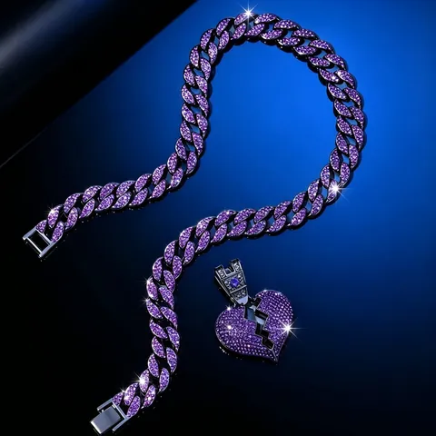 Collana con Pendente a Cuore Spezzato Viola Hip Hop in Lega con Strass Catena a Maglia Cubana per Uomo Donna Gioielli da Festa