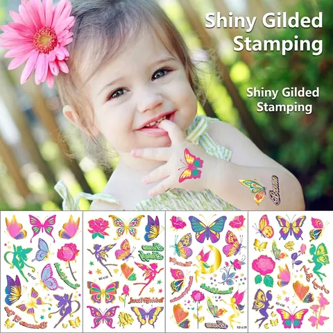 Gold Stamping Butterfly Flower Fairy Temporary Tattoo Stickers for Kids Colorful Metallic Waterproof Cartoon Tattoo Decals for Children Girls Party Favors