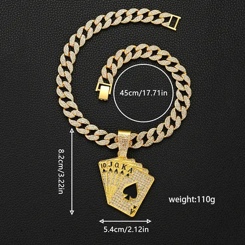 Hip Hop Men Iced Out Playing Cards Spades Royal Flush Pendant Necklace Alloy Rhinestone Cuban Link Chain Jewelry