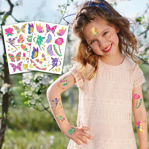 Gold Stamping Butterfly Flower Fairy Temporary Tattoo Stickers for Kids Colorful Metallic Waterproof Cartoon Tattoo Decals for Children Girls Party Favors