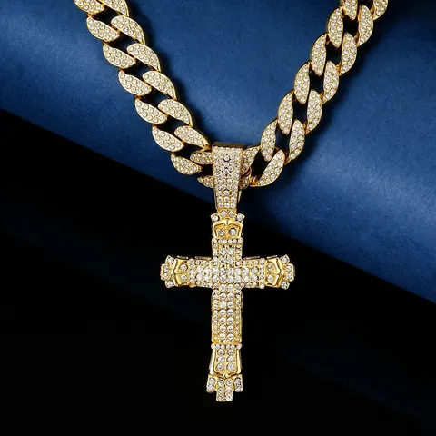 Hip Hop Cross Pendant Necklace For Men Iced Out Rhinestone Alloy Cuban Link Chain Gold Silver Street Style Jewelry
