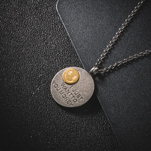 Collier en Acier Titane Hip Hop Vintage pour Hommes Femmes Argent Antique Pendentif Rond Visage Souriant Symbole d'Argent Bijoux Street