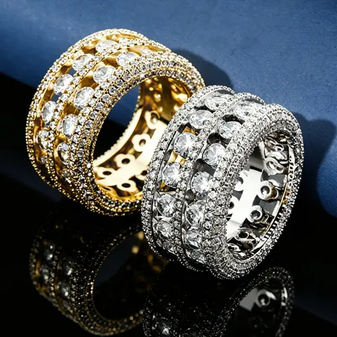 Bague Large Hip Hop pour Hommes Cuivre Zirconia Ajouré Double Rangée Incrusté Or Argent Plaqué Punk Street Style Bijoux