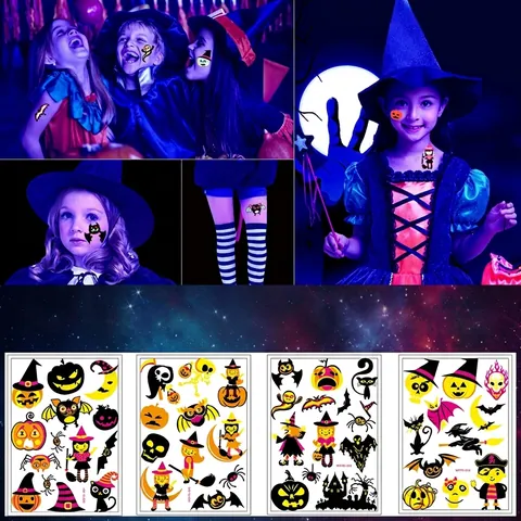 Halloween Fluorescent Kids Temporary Tattoo Stickers Cartoon Pumpkin Witch Bat Glow In The Dark Water Transfer Tattoo For Party Decoration