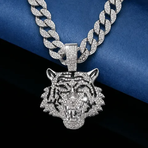Iced Out Tiger Kopf Anhänger Halskette Legierung Strass Panzerkette Für Herren Hip Hop Streetwear Schmuck