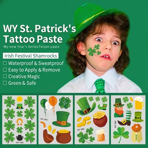 St Patrick's Day Temporary Tattoos For Kids Green Shamrock Leprechaun Hat Rainbow Gold Coin Irish Party Stickers Decoration