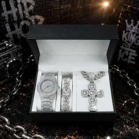 Set Gioielli Hip Hop Iced Out Collana Pendente Croce Strass Catena Cubana Orologio Bracciale per Uomo Donna Gioielli Lusso