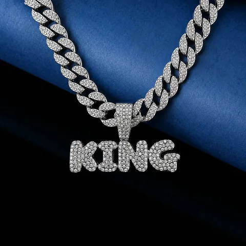 Hip Hop KING Letter Pendant Necklace Men Iced Out Rhinestone Alloy Cuban Link Chain Gold Silver Purple Jewelry Party Decor