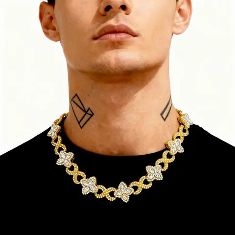 Hip Hop Cuban Link Necklace Zinc Alloy Rhinestone Four Leaf Clover Infinity Symbol Gold Silver Plated Streetwear Jewelry For Unisex