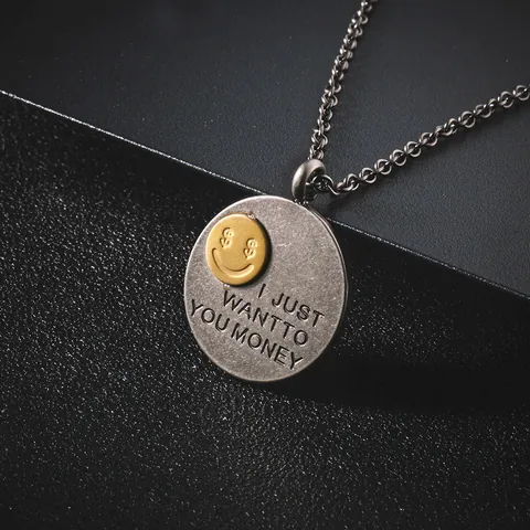 Collier en Acier Titane Hip Hop Vintage pour Hommes Femmes Argent Antique Pendentif Rond Visage Souriant Symbole d'Argent Bijoux Street