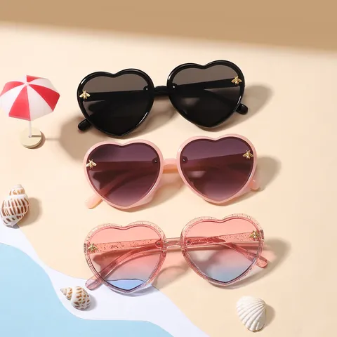 Retro Heart Shaped Children's Sunglasses With Little Bee Metal Decor Fashion UV400 Kids Shades Korean Style For Girls Boys