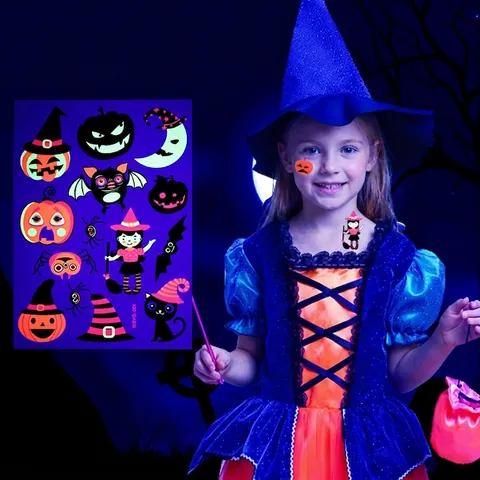 Halloween Fluorescent Kids Temporary Tattoo Stickers Cartoon Pumpkin Witch Bat Glow In The Dark Water Transfer Tattoo For Party Decoration