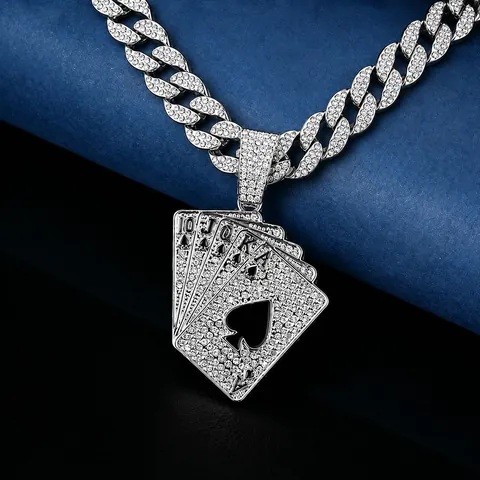 Hip Hop Men Iced Out Playing Cards Spades Royal Flush Pendant Necklace Alloy Rhinestone Cuban Link Chain Jewelry