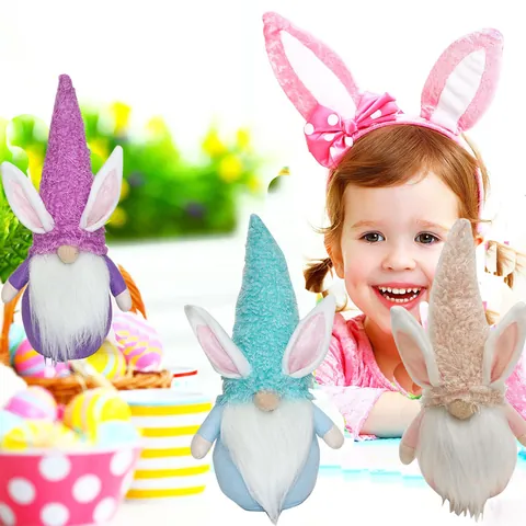Handmade Easter Rabbit Gnome Plush Doll With Long Bunny Ears White Beard Tabletop Decoration For Spring Festival Home Ornament
