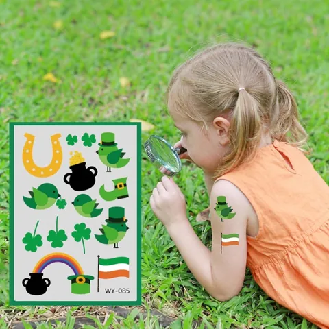 St Patrick's Day Temporary Tattoos For Kids Green Shamrock Leprechaun Hat Rainbow Gold Coin Irish Party Stickers Decoration