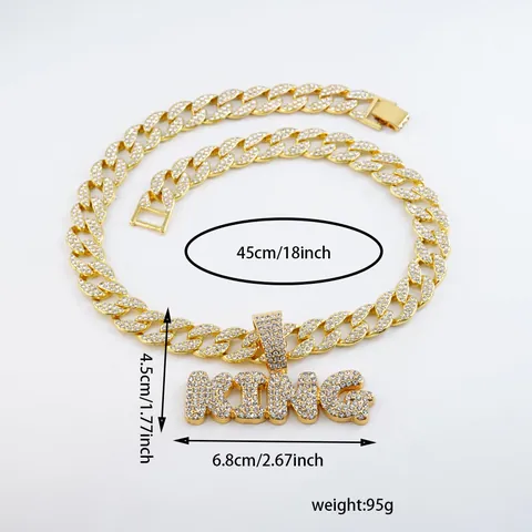 Hip Hop KING Letter Pendant Necklace Men Iced Out Rhinestone Alloy Cuban Link Chain Gold Silver Purple Jewelry Party Decor