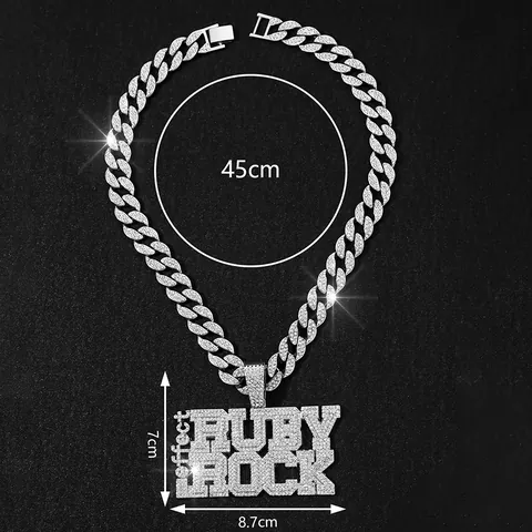 Collana Hip Hop a Maglia Cubana in Lega con Strass Doppia Fila di Lettere Ruby Rock Effect Grande Pendente per Uomo Gioielli