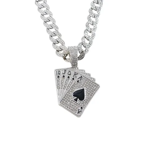 Hip Hop Men Iced Out Playing Cards Spades Royal Flush Pendant Necklace Alloy Rhinestone Cuban Link Chain Jewelry