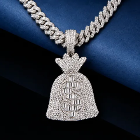 Collier Pendentif Sac d'Argent Iced Out en Alliage Strass Signe Dollar Bijoux Hip Hop Chaîne Cuban Link Accessoire pour Hommes Femmes