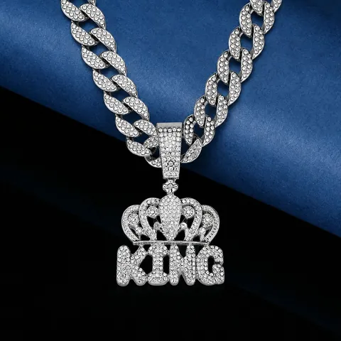 Hip Hop Crown KING Pendant Alloy Rhinestone Iced Out Necklace For Men Women Cuban Link Chain Fashion Jewelry Party Gift