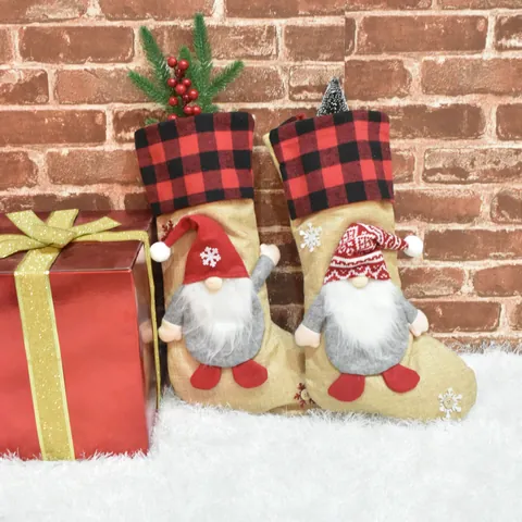 Rustic Christmas Stocking Gift Bag With Faceless Gnome Plush Doll Plaid Burlap Christmas Sock For Holiday Home Decor