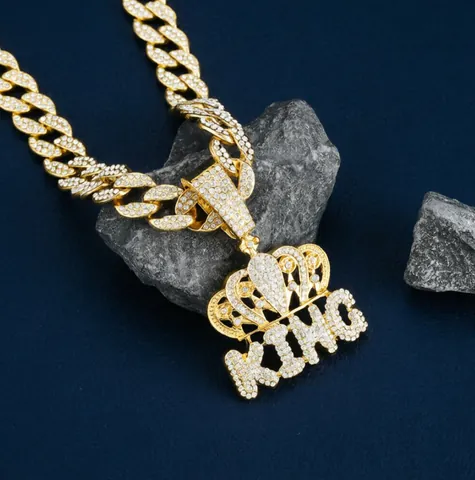 Iced Out Hip Hop Crown KING Letter Pendant Necklace Gold Silver Alloy Rhinestone Cuban Link Chain Jewelry For Men Women