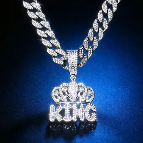 Hip Hop Crown KING Pendant Alloy Rhinestone Iced Out Necklace For Men Women Cuban Link Chain Fashion Jewelry Party Gift