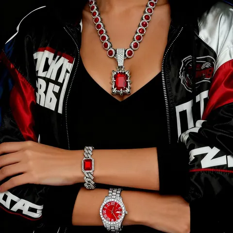 Hip Hop Iced Out Rechteckiger Edelstein Halskette Armband Uhr Legierung Strass Schmuck Für Herren Retro Herz Des Ozeans