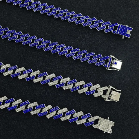 Collana a Catena Cubana in Strass Blu a Rombo Hip Hop Gioielli Uomo in Lega Iced Out Streetwear Collana Bracciale Accessorio