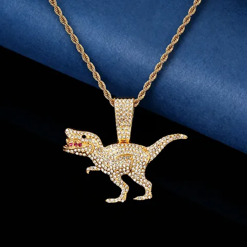 Collana con Ciondolo Dinosauro Tirannosauro Rex Hip Hop Lega Strass Iced Out Catena Cubana Corda Torta Per Uomo Donna Gioielli Festa
