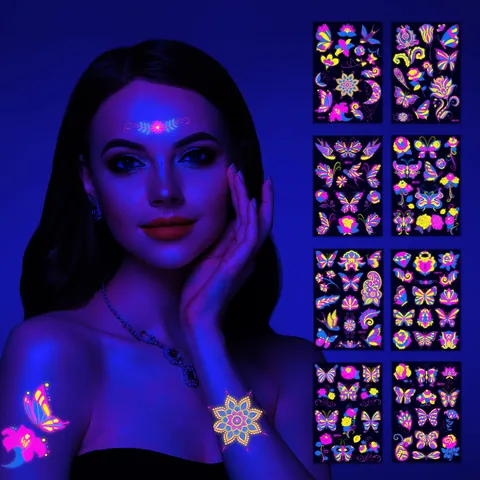 Autocollants de Tatouage Temporaire Papillon Fluorescent Imperméables Neon Glow In The Dark Body Art pour Visage Bras Boîte de Nuit Fête