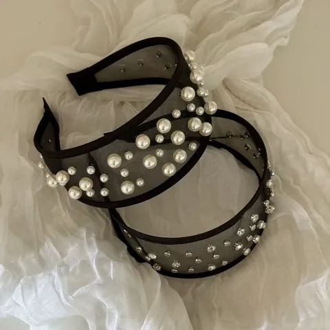 Cerchietto Largo in Maglia da Donna Con Perle Artificiali Strass Elegante Fatto a Mano in Tulle Accessori per Capelli Ragazze