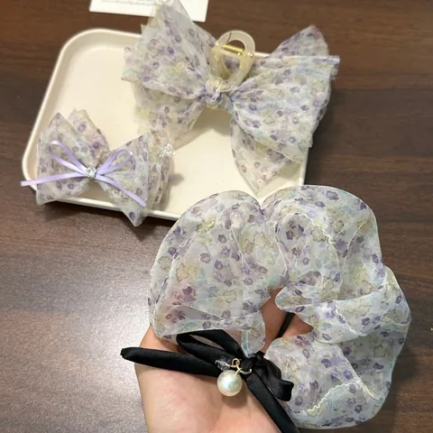 Oversize Floreale Viola Organza Artiglio per Capelli Fiocco Scrunchie Coreano Elegante Fiore Squalo Clip Con Perla Artificiale Strass Accessori Capelli Donna