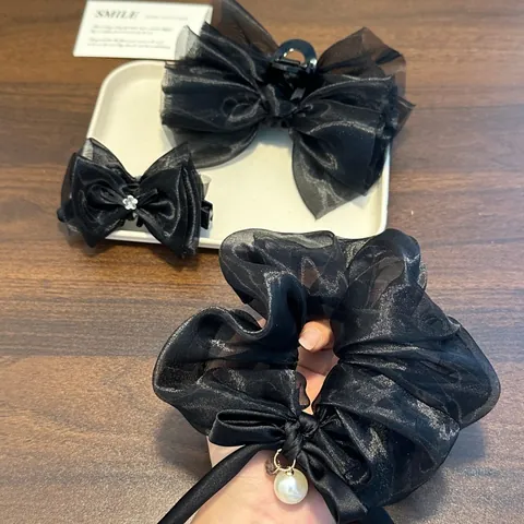Molla per Capelli in Organza Nera con Fiocco in Stile Coreano con Perle Artificiali Strass Elegante Elastico per Donne