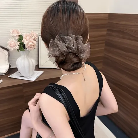 Fermaglio a Banana in Stile Francese Floreale Grande Doppio Strato Pieghettato Mesh Accessorio Capelli Donna Elegante Fermaglio Capelli