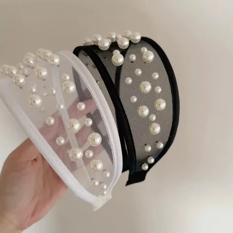Cerchietto Largo in Maglia da Donna Con Perle Artificiali Strass Elegante Fatto a Mano in Tulle Accessori per Capelli Ragazze