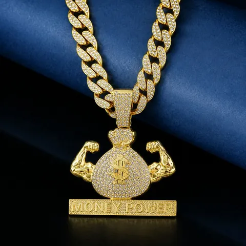 Hip Hop Dollar Sign Money Bag Muscle Arms Pendant Necklace Zinc Alloy Iced Out Rhinestone Money Power Cuban Link Chain For Men Party Jewelry
