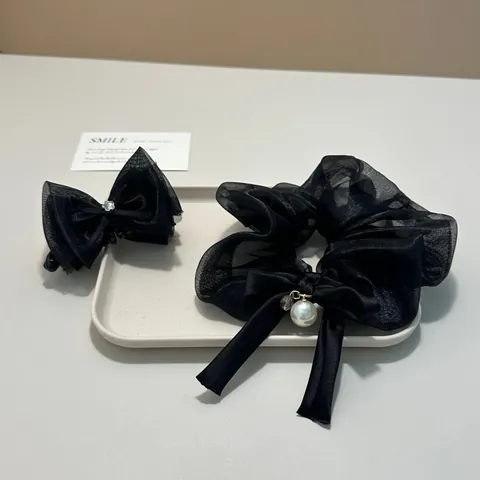 Molla per Capelli in Organza Nera con Fiocco in Stile Coreano con Perle Artificiali Strass Elegante Elastico per Donne