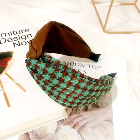 French Vintage Houndstooth Cross Knot Headband For Women Korean Ins Style Fabric Wide Hairband Fashion Hair Accessories