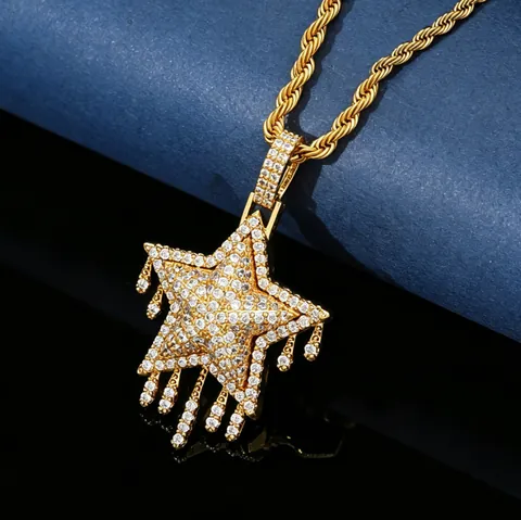 Hiphop Iced Out Κολιέ με Μενταγιόν Αστέρι Στάξιμο Χαλκός Ζιρκόνια Πεντάγραμμο Κοσμήματα για Άνδρες Γυναίκες