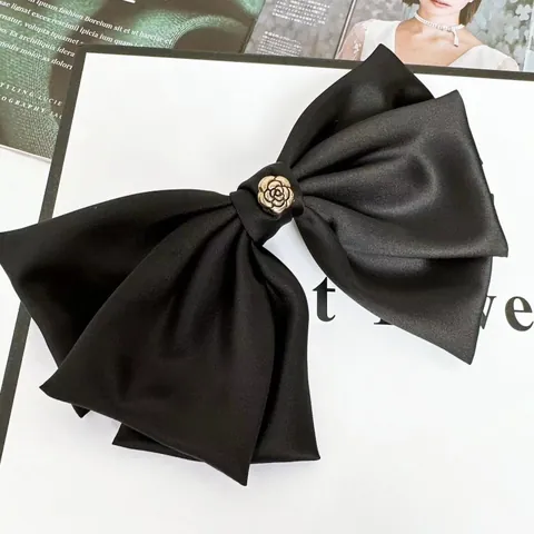 Fermaglio per Capelli Francese Oversize con Fiocco in Raso e Decorazione Rosa in Metallo Elegante Accessorio Retro Donna