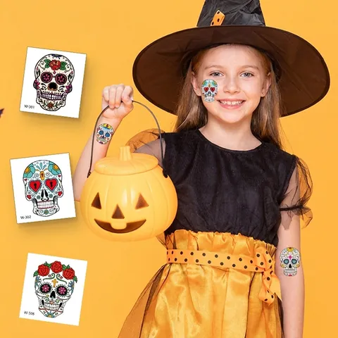 Day Of The Dead Colorful Flower Skull Temporary Tattoo Stickers For Kids Halloween Waterproof Water Transfer Paper PET Film Calavera Tattoo Set