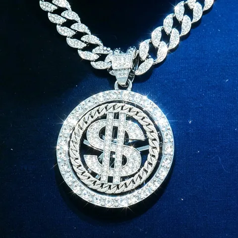 Collier Pendentif Signe Dollar Rotatif Hip Hop pour Homme en Alliage de Zinc Strass Chaîne Maille Gourmette Bijoux Street Trend