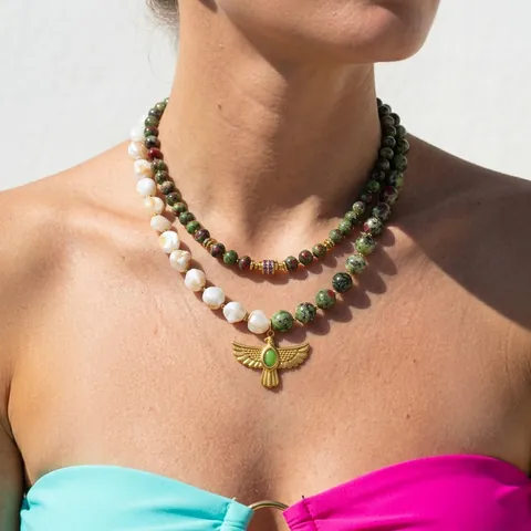 Stainless Steel Eagle Pendant Necklace Vintage Bohemian Natural Ruby Zoisite Stone Pearl Beaded Choker For Women Vacation
