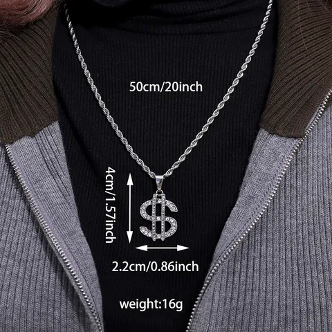 Collier Hip Hop Iced Out Pendentif Signe Dollar Symbole d'argent Alliage Strass Bijoux Bling pour Homme Femme Streetwear