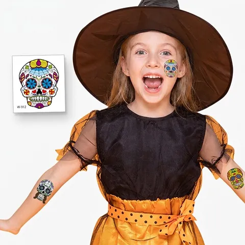 Day Of The Dead Colorful Flower Skull Temporary Tattoo Stickers For Kids Halloween Waterproof Water Transfer Paper PET Film Calavera Tattoo Set