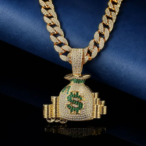 Collier Pendentif Sac d'Argent Hip Hop Iced Out Homme Or Argent Couleur Signe Dollar Bijoux en Strass Cadeau Pendentif Seul