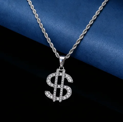 Collier Hip Hop Iced Out Pendentif Signe Dollar Symbole d'argent Alliage Strass Bijoux Bling pour Homme Femme Streetwear